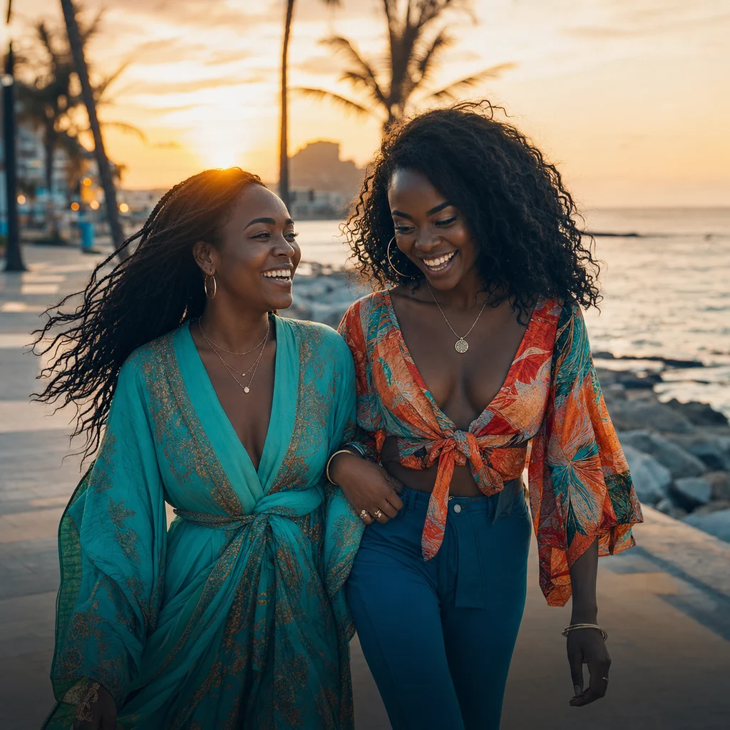 Deux amies au bord de la mer au coucher du soleil
